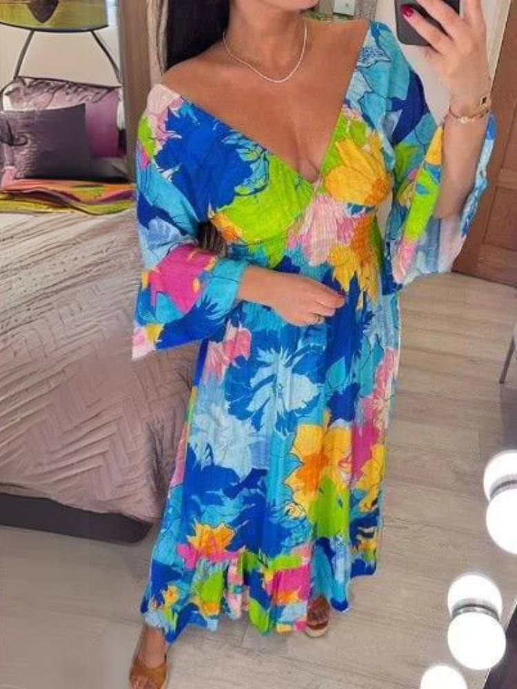 Vestido de Verano Suelto con Estampado Floral y Cuello en V