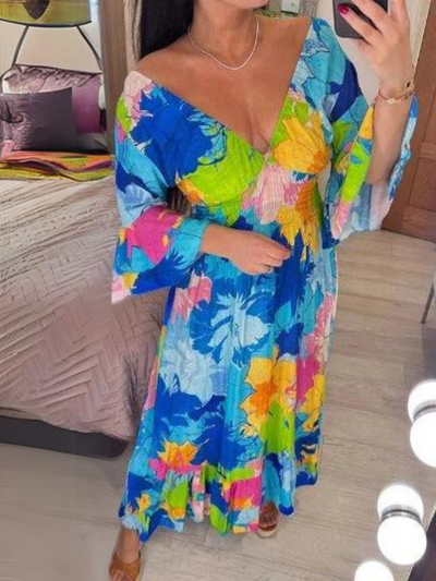 Vestido de Verano Suelto con Estampado Floral y Cuello en V