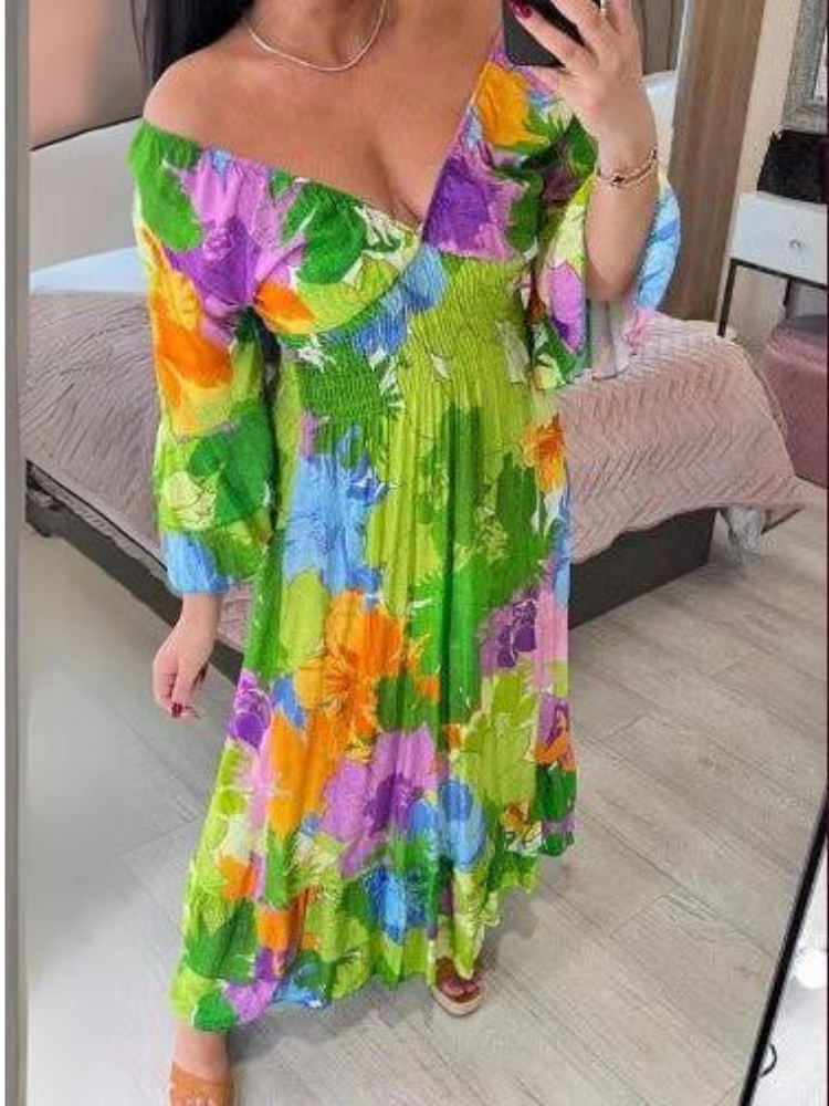 Vestido de Verano Suelto con Estampado Floral y Cuello en V