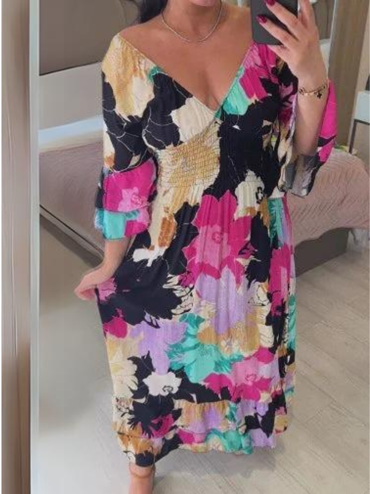 Vestido de Verano Suelto con Estampado Floral y Cuello en V