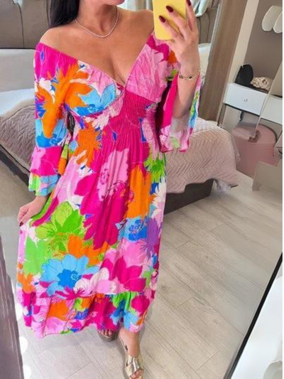 Vestido de Verano Suelto con Estampado Floral y Cuello en V